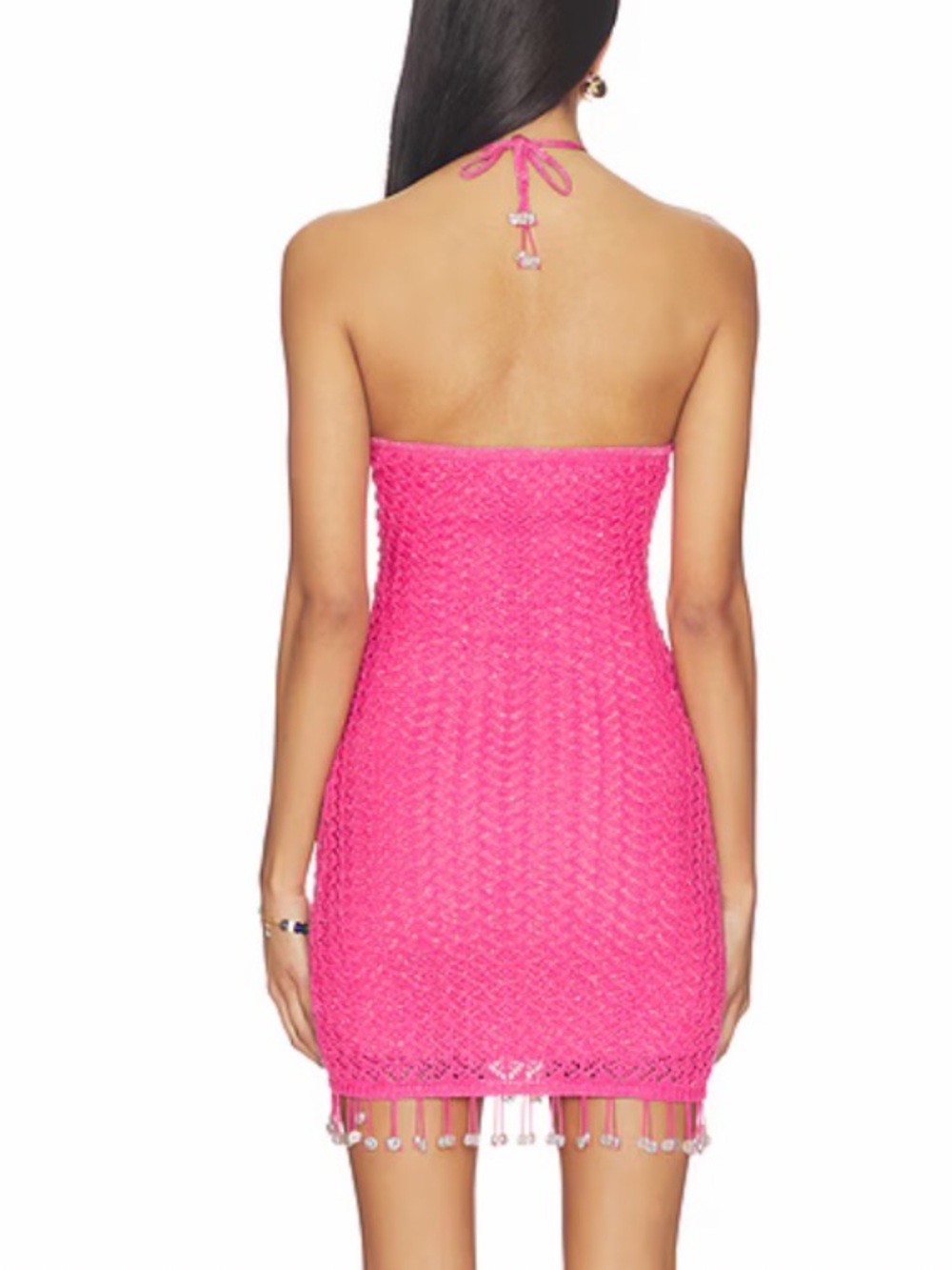 Capittana Daria hot pink Halter Crochet Mini Dress with Beaded Tassel Trim - Picture 4 of 12
